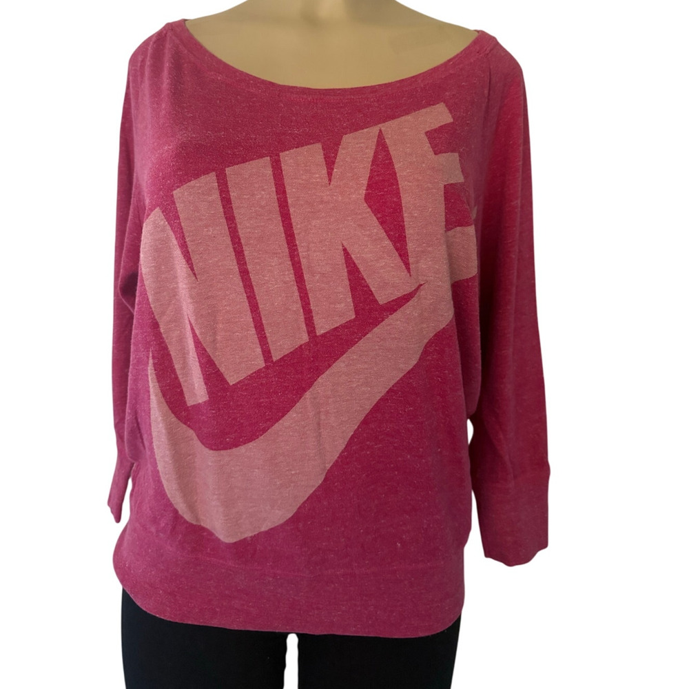 Nike Women’s Size M Pink Long Sleeve Tee Shirt Big Swoosh Logo Athletic Top